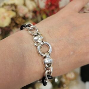 HEAVY STERLING SILVER 925 BRACELET 7.75" BLACK STONE 21.6G AMAZING VTG CI SIGNED